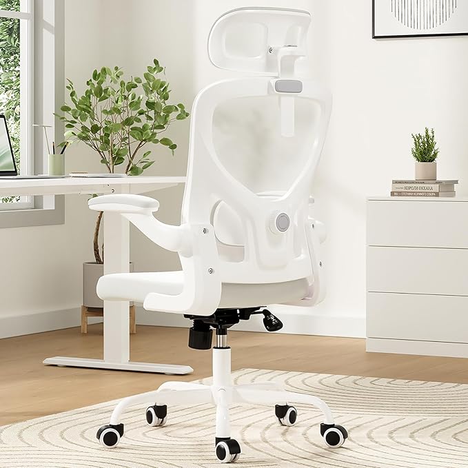 Ergonomic Office Chair, Comfy Home Office Chair High Back Computer Chair with Headrest, Adjustable Back Support, Flip-Up Arms, 90-120° Tilt and Wide Cushion, Up to 300lbs,White