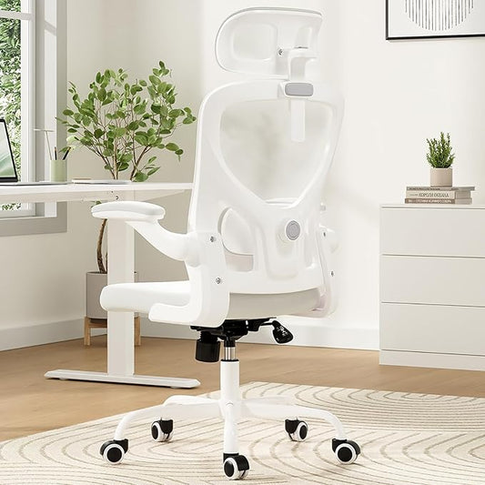 Ergonomic Office Chair, Comfy Home Office Chair High Back Computer Chair with Headrest, Adjustable Back Support, Flip-Up Arms, 90-120° Tilt and Wide Cushion, Up to 300lbs,White