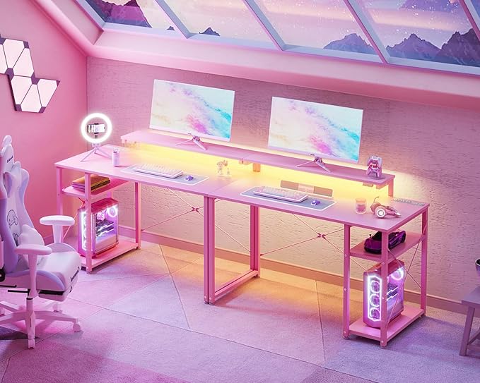 MOTPK 40 Inch Small Gaming Desk with Storage & Led Lights, Computer Desk with Power Outlet & Shelf, Reversible Gamer Desk with Adjustable Monitor Stand, Carbon Fiber Texture Pink