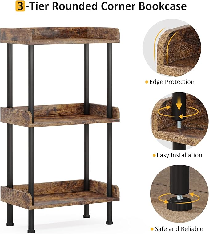 Hosfais Bookshelf Small Book Shelf, 3 Tier Wood Bookcase Industrial Bookshelf Metal Standing Book Shelves Display Book Rack for Living Room Bedroom Home Office (Rustic Brown)