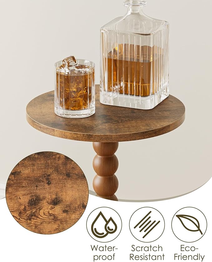 Masupu Round Side Table, Small Drink Table for Small Spaces, Pedestal End Table with Solid Wood Leg for Living Room, Bedroom, Corners(Rustic Brown)