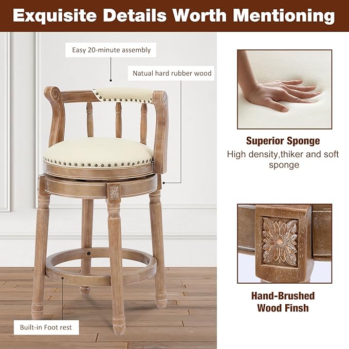 CozyRain Bar Stools Modern Swivel Barstools,Kitchen Counter Genuine Leather Upholstered Vintage Barstool for Home Kitchen Dining Room (Beige, Seat Height 26 in)