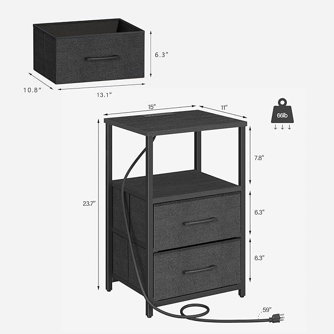 TUTOTAK LED End Table with Charging Station, Nightstand with Cloth Drawer, Side Table with 1 USB Port and 1 Type-C Port, Set of 2, Couch Table, Black TB01BK052L