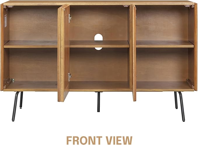 NTC MOSSIC Modern Sideboard with 3 Doors, Natural Rattan Storage Cabinet, Buffet with Metal Legs, Boho Accent Cabinet for Living Room, and Entryway, Effortless Assembly, Teak Look