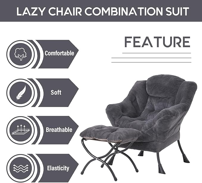 LITA Lazy Chair with Ottoman, Modern Accent Leisure Upholstered Sofa Chair, Lounge Reading Chair with Armrests and a Side Pocket for Living Room, Bedroom & Small Space, Plush Navy