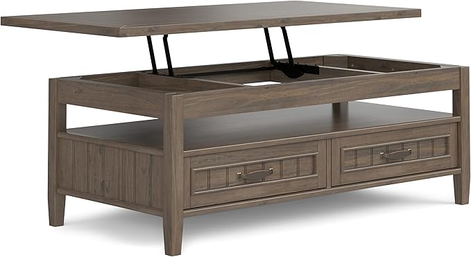 SIMPLIHOME Lev Lift Top Coffee Table - 48 inch Wide Solid Wood Rectangle Living Room Table in Smoky Brown, Transitional Cocktail Table for Family Room with Hidden Storage and Open Shelf