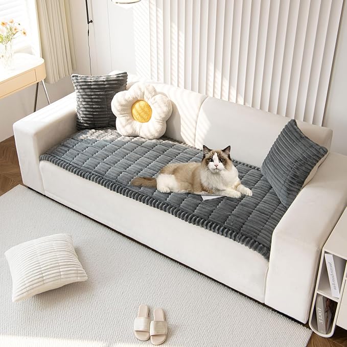 OTOB Dog Couch Covers for 3 Cushion Washable Non Slip Plush Pet Friendly Bed Mat Sofa Cover for Dogs, All Seasons Cozy Soft Fuzzy Furniture Protector Sofa Slipcovers (Dark Gray, 27.6" x 59.1")