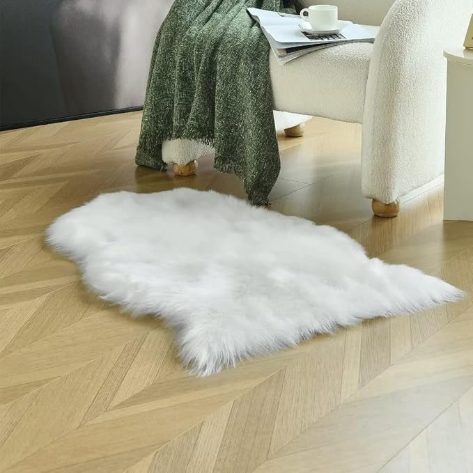 duduta White Faux Sheepskin Throw Rug 2x3 ft, Fluffy Shag Fur Chair Cover Small Bedside Dorm Rug Non Slip Washable