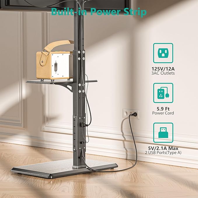 WALI Floor TV Stand with Power Outlet & AV Shelf, Tall TV Stand Mount for 32-75 inch TV up to 110 lbs, Swivel and Height Adjustable TV Stands with Wood Base for Bedroom, Office(TVDVD-6P), Black