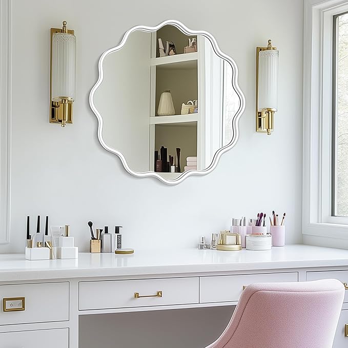 PROHOMEWARE White Round Mirror 24 Inch Wavy Bathroom Vanity Mirror White Frame Modern Wall Mirror Decorative Wall-Mounte Anti-Rust, Tempered Glass