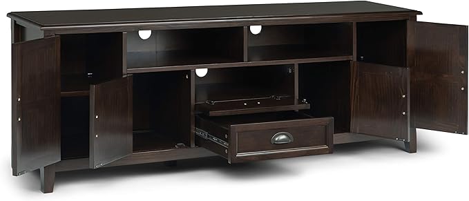 SIMPLIHOME Burlington SOLID WOOD 72 inch Wide Transitional TV Media Stand in Mahogany Brown For TVs up to 80 inches for the Living Room and Entertainment Center