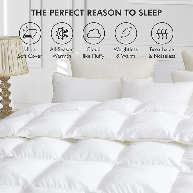 Luxurious White Solid Medium Weight, Oversize California King Size Goose Feathers Down Comforter for All-Season, 108 X 98 inches, Premium Baffle Box, 100% Egyptian Cotton Cover, 80 oz. Fill Weight