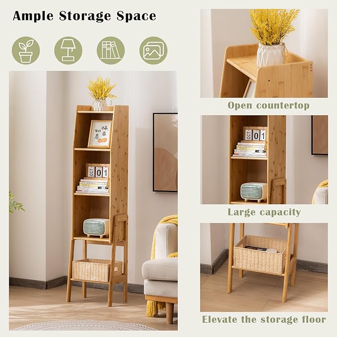 4 Tier Bamboo Bookcase, Classical Modern Bookshelf, Dispaly Shelves, Bamboo Wood Organizer Book Shelf for Living Room Home Office-Natural, Large