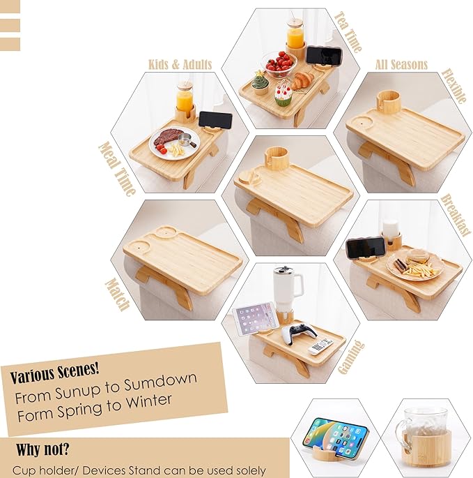 Nnewvante Couch Table on Arm,3 in 1 Large 15.36"x9.85" Bamboo Couch Cup Holder Sofa Arm Clip on TV Tray Table with 360°Rotated Phone/Cup Holder