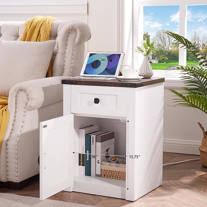 SOOWERY Nightstands Set of 2, Nightstand with Charging Station, Farmhouse End Table with Barn Door and Drawer, Rustic Wood Sofa Side Table for Bedroom, Living Room, White
