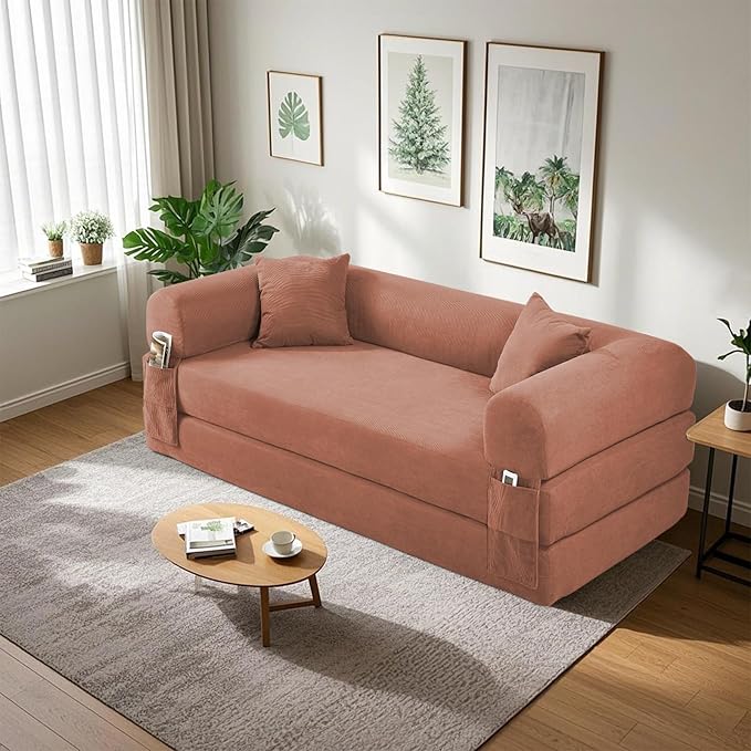 80" Convertible Sofa Bed, Corduroy Deep Seat Folding Pull Out Couch with Pillows, No Assembly Modern Boneless Couch Compression Sofa in Box, Floor Sofa with Storage Pocket for Living Room,Pink
