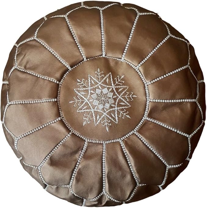 Stuffed Round Design Moroccan Faux Leather Pouf Ottoman, Handmade, Pre-Filled, 100% Genuine Leather, 13” Height x 20” Diameter, Footstool & Living Room Décor (Matte Bronze)