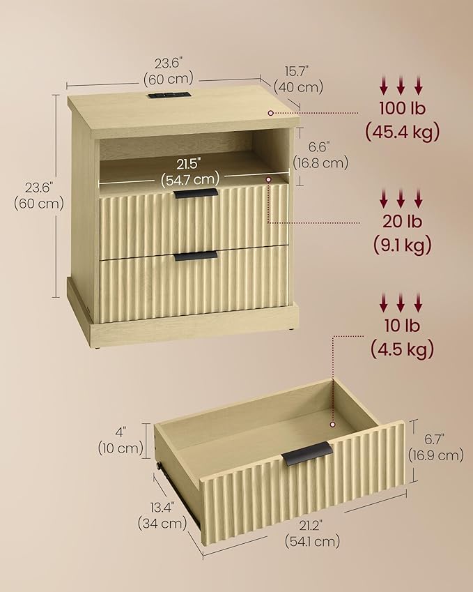 VASAGLE MAXE Collection - Nightstand with Charging Station, Bedside Table, Side End Table with 2 Drawers, Open Shelf, 2 AC Outlets, 2 USB Ports, Transitional, for Bedroom, Oak Beige ULET626Y01S