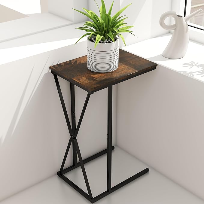 Manora TV Dinner Tray Table, C Shaped End Table for Couch, Rustic Brown Slide Under Couch Table for Small Space, Living Room or Bedroom