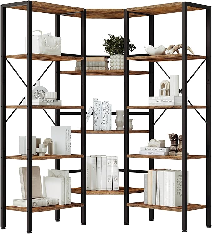HOOBRO Industrial Corner Bookshelf, 5-Tier L-Shaped Bookcase, Open Display Storage Rack, Floor Standing Storage Shelf, for Living Room, Bedroom, Home Office, Rustic Brown and Black BF68SJ01