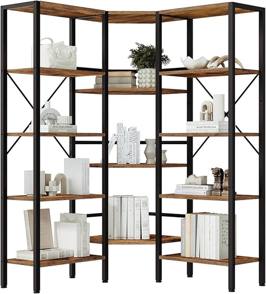 HOOBRO Industrial Corner Bookshelf, 5-Tier L-Shaped Bookcase, Open Display Storage Rack, Floor Standing Storage Shelf, for Living Room, Bedroom, Home Office, Rustic Brown and Black BF68SJ01