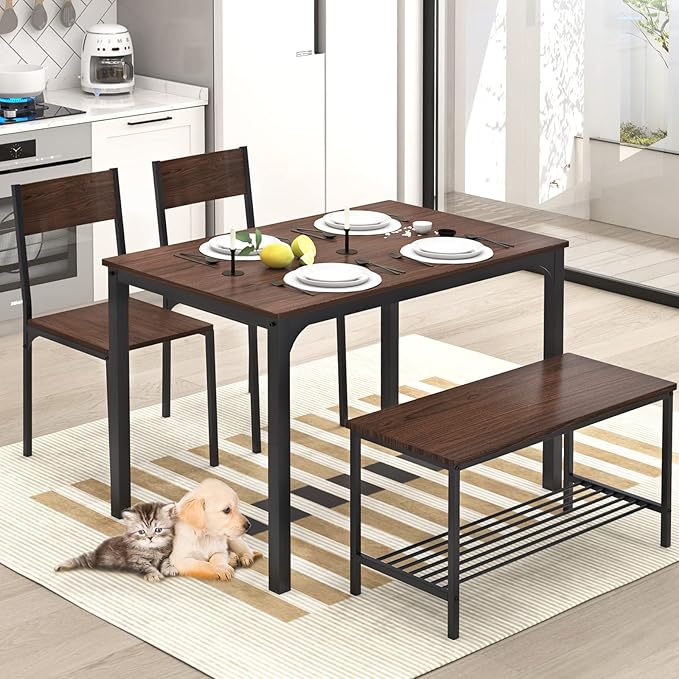 SogesHome Kitchen Table Set for 4, Compact Dining Table Chair Set with Bench, 4 Piece with Built-in Storage Racks, Metal Frame, for Apartment, Restaurant, Dark Brown