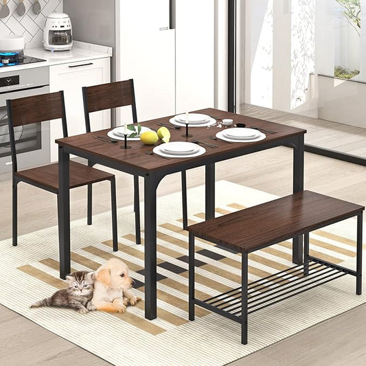 SogesHome Kitchen Table Set for 4, Compact Dining Table Chair Set with Bench, 4 Piece with Built-in Storage Racks, Metal Frame, for Apartment, Restaurant, Dark Brown