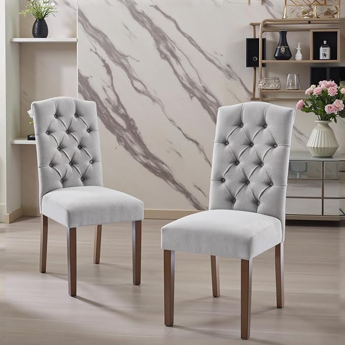Tufted Upholstered Parsons Dining Chair Set Fabric Diner Accent Stylish Modern Kitchen Living Room with Button Sturdy Solid Wood Legs