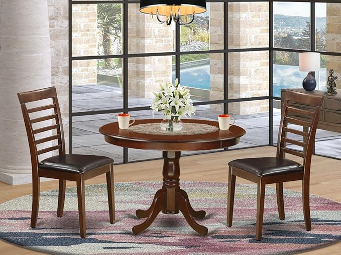 East West Furniture HLML3-MAH-LC 3 Piece Dining Table Set for Small Spaces Contains a Round Dining Room Table with Pedestal and 2 Faux Leather Upholstered Chairs, 42x42 Inch, Mahogany