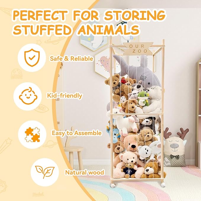 Stuffed Animal Storage Zoo with Wheels, Wooden Large Stuff Animals Plushies Holder Toy Organizer Kids Plush Storage Cage with Elastic Band and Net for Nursery Playroom Corner for Toddler