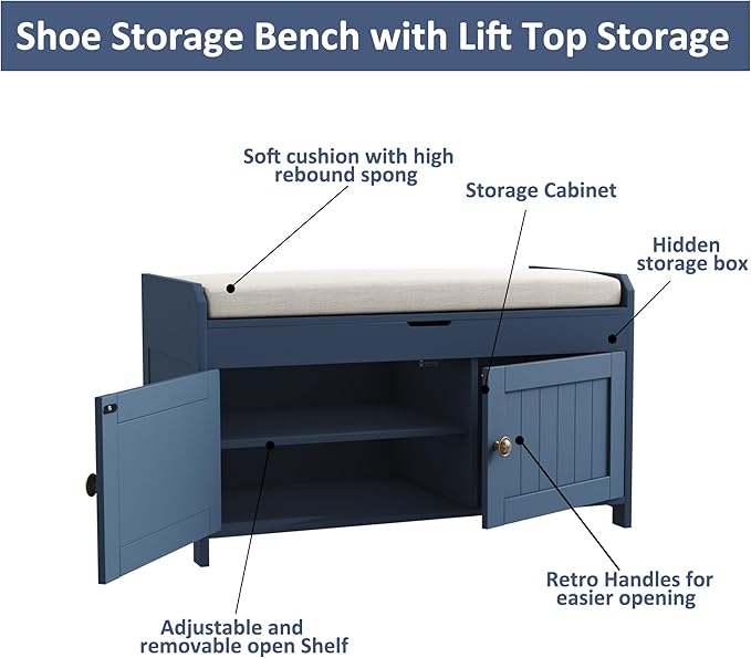 HOMEFORT 30" Shoe Bench with Lift Top Storage, Entryway Bench with Cushioned Seat, Wooden End of Bed Bench, Shoe Cabinet Bench with Hidden Storage Space, for Bedroom, Hallway, Blue
