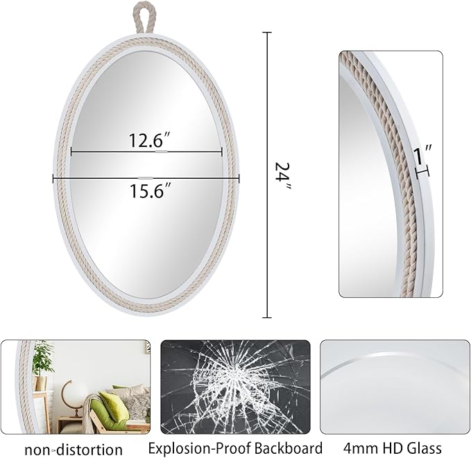 Farmhouse Wall Mirror Rope Mirror Decorative Mirror with Hanging Loop,Beach Nautical Mirror ,24 inches Lx16 inches W,Oval, White, Oval 24 inches Lx16 inches W