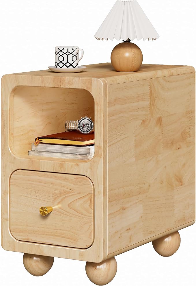 Solid Wood Night Stand, Narrow Nightstand with Drawers, Natural Mid Century Modern Nightstand, Small Beside Table with Open Storage Shelf for Bedroom (10 inch)