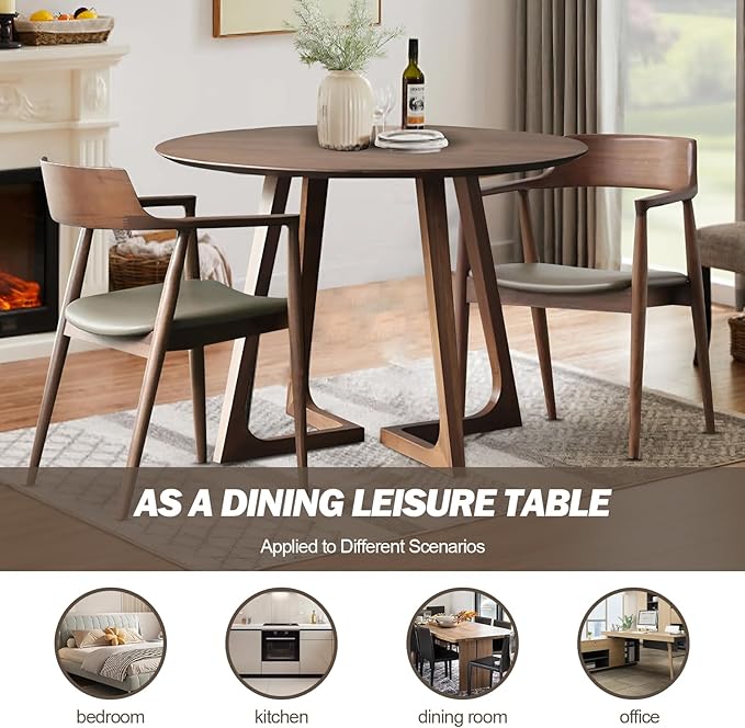 Walnut Round Dining Table for 4, 35.4" Small Wood Round Kitchen Table with Solid Wood Legs, Mid Century Modern Dining Room Tables for Home, Restaurant,Circle Coffee Table for Small Space