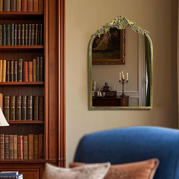 Retro Palace Style Mirror, Antique French Retro Arch Mirror, Suitable for Bathroom, Living Room, Bedroom, Fireplace, Corridor，Can be Used for Decoration