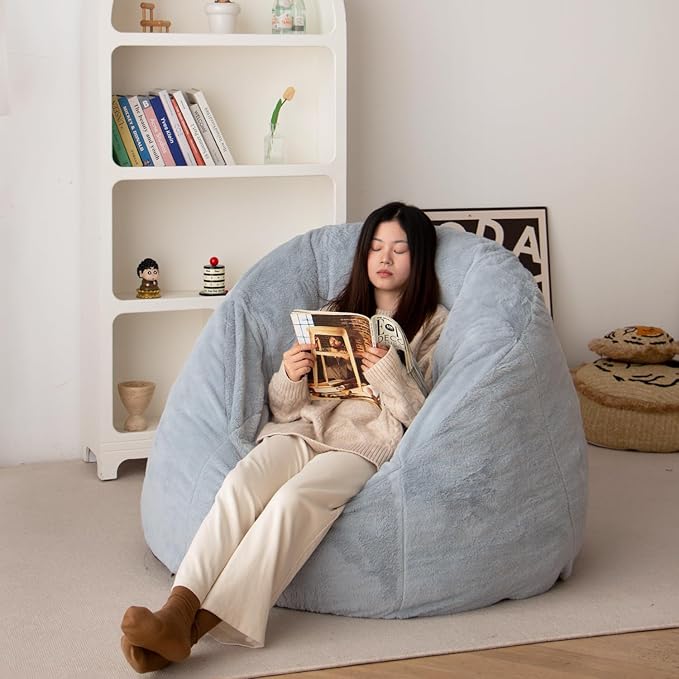 N&V Large Shell Bean Bag Chair, Adult Size Bean Bag Sack, Foam Filling, Includes Removable and Machine Washable Cover, 40in, Soft Faux Fur, Grey