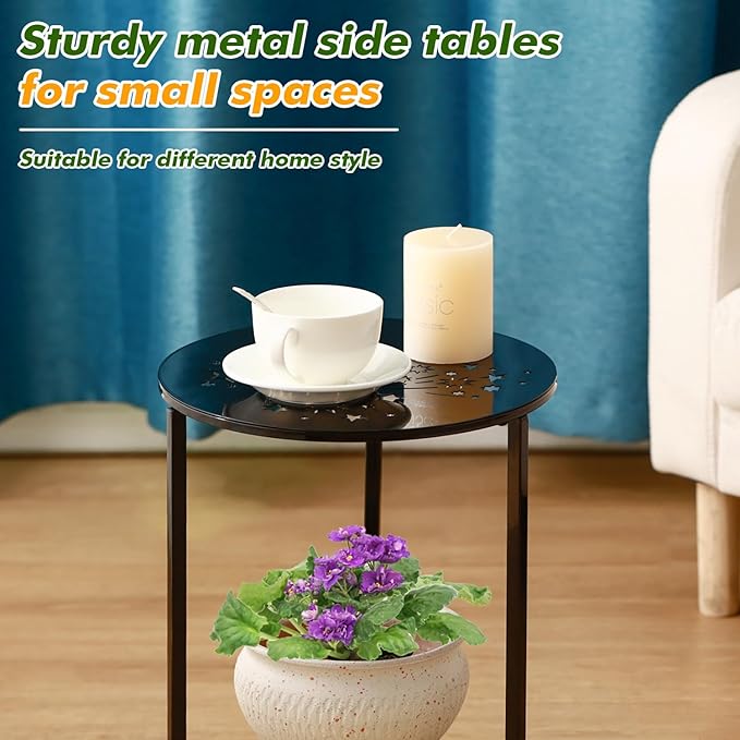 2 Packs 13" Metal Outdoor Side Tables Small Black Outside End Table for Patio Round Accent Corner Stand for Small Spaces Weather-Resistant Coffee Table for Balcony Porch Plant Stand, Starlight