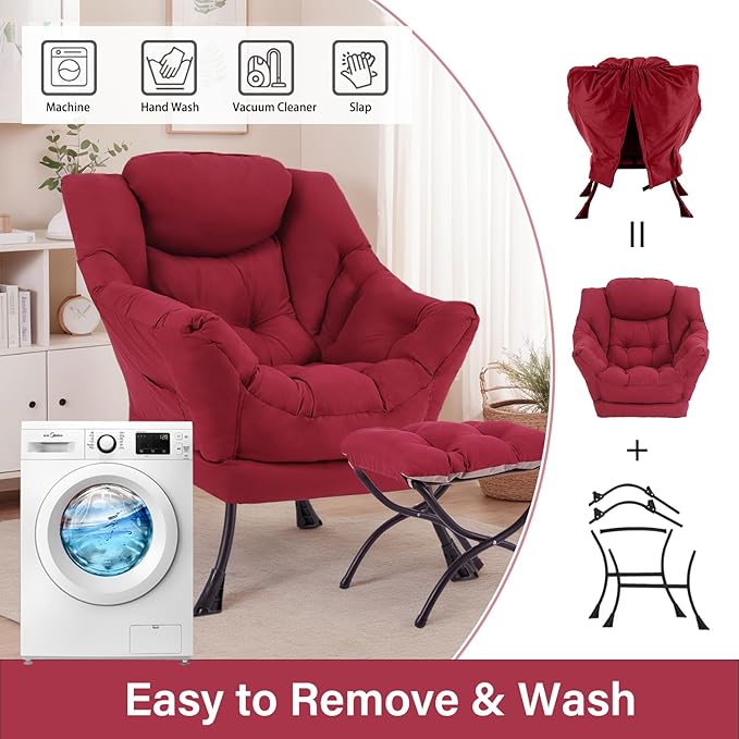 Lazy Chair with Ottoman, Large Modern Lounge Accent Chair with Armrests and Footrest, Reading Armchair with Ottoman, Leisure Sofa Chair for Living Room, Bedroom, Dorm Room, Office（Burgundy）