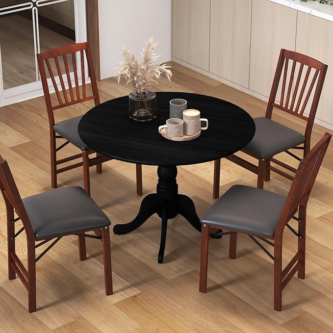 COSTWAY Round Dining Table for 4, 39 inch Kitchen Table with Solid Rubber Wood Frame, Adjustable Foot Pads, Curved Trestle Legs, Mid Century Rustic Dinning Table for Living Room, Black