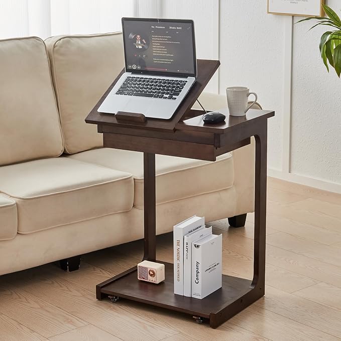 CozyDH Rolling Side Table with Wheels, Adjustable C Shaped End Table for Couch, Solid Wood TV Tray Sofa Arm Table for Eating Multi-Purpose, Small Coffee Table Living Room Bedroom, Walnut