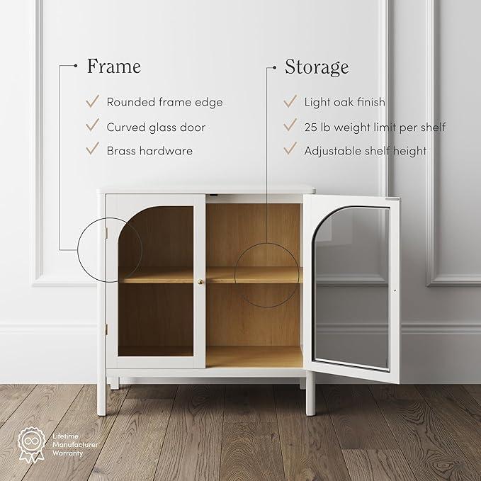 Nathan James Mason Wood Storage Cabinet Accent Sideboard Buffet Credenza TV Stand with Glass Doors and Adjustable Shelf for Dining Room, Entryway or Living Room, Clear Glass/White/Light Oak, Set of 3