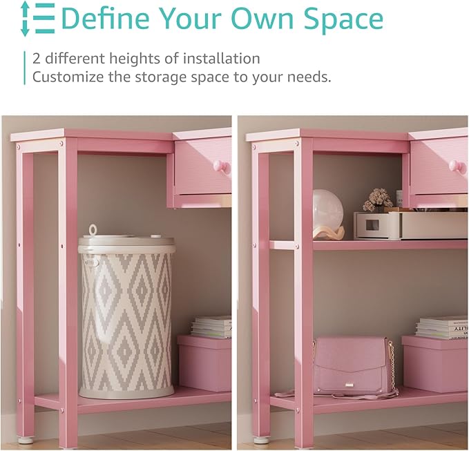DLisiting Pink Reversible L Shaped Desk with Drawers and Shelves, Small Kids Study Vanity PC Computer Desk with Storage for Girls, Corner L-Shaped Desks for Small Space Bedroom
