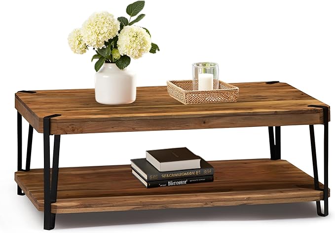 Alaterre Furniture Ryegate 48" Live Edge Wood Coffee Table â€“ Solid Acacia with Metal Frame, Industrial Modern Design, Rustic Rectangle Table with Clear Finish for Living Room or Lounge