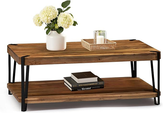 Alaterre Furniture Ryegate 48" Live Edge Wood Coffee Table â€“ Solid Acacia with Metal Frame, Industrial Modern Design, Rustic Rectangle Table with Clear Finish for Living Room or Lounge