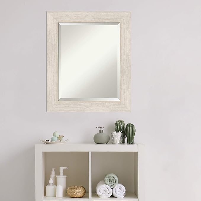 Amanti Art White Bathroom Mirror for Over Sink, 25x21 Hardwood White Wash Rectangle Vanity Mirror, Small Rustic Farmhouse Wood Frame, Hangs Horizonally and Vertically, Bathroom Wall Decor, Beveled