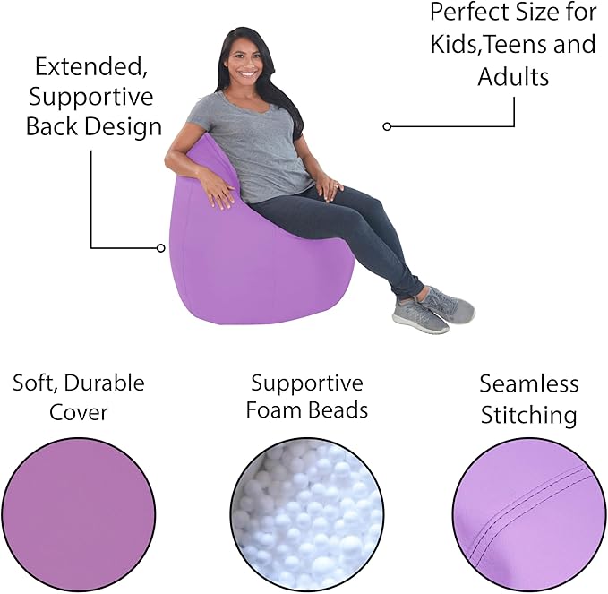 FDP SoftScape Dew Drop Bean Bag Chair with Supportive High-Back Design, For Kids, Teens and Adults, Alternative Seating for Dorms, Schools, Libraries, Daycares or Home - Lavender, 10479-LV