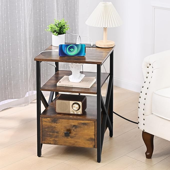 Nightstand Set of 2 with Charging Station and USB Ports, End Table Set of 2 with Outlets, Bedside Table End Tables with Drawer, Small Night Stand for Bedroom, Side Table, Living Room, Brown