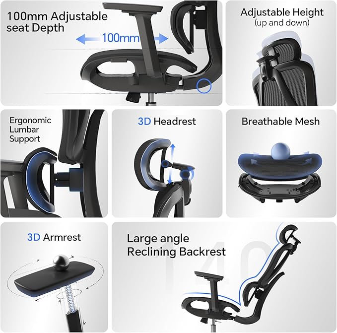 Ergonomic Office Chair with 3D Lumbar Support/Headrest/Armrest/, Mesh Executive Office Chair with Seat Depth & Height Adjustment, Big and Tall Desk Chair with 3-Gear Lock Recline for Long Hours