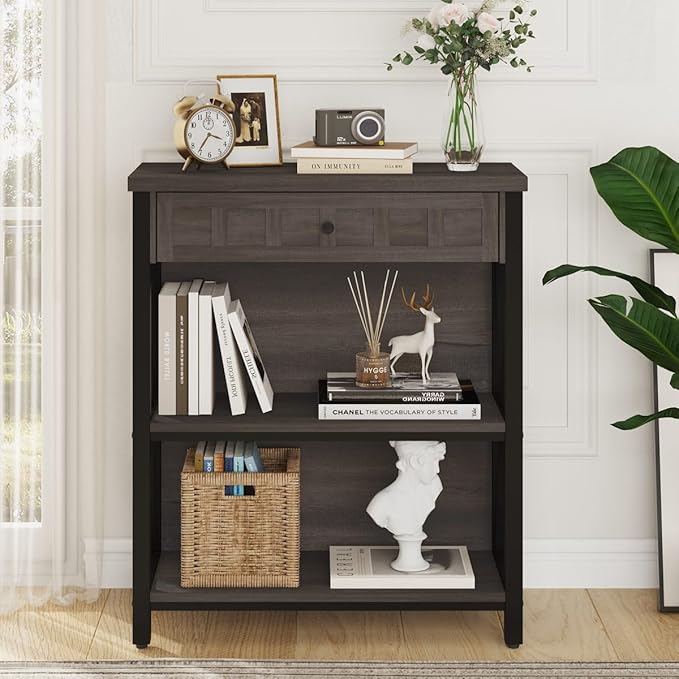 FATORRI Rustic Small Bookshelf, Industrial Wood Book Shelf with Drawer, 3 Shelf Bookcase for Small Space, Low Book case for Living Room, Home Office (Walnut Brown)