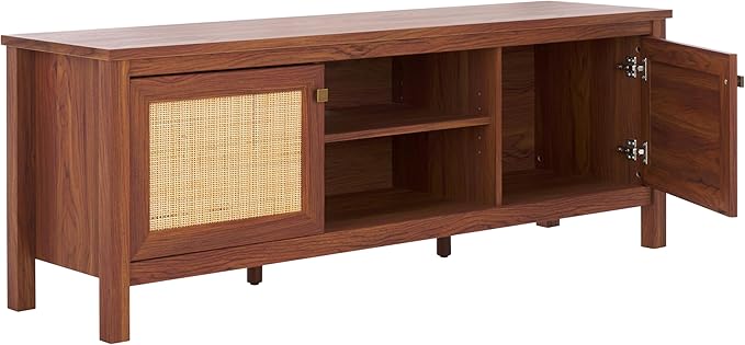 SAFAVIEH Evane TV Stand for up to 65" Flatscreen – Walnut & Natural, 2 Doors with Interior Storage, 2 Open Shelves, Entertainment Media Console (MED9629A)